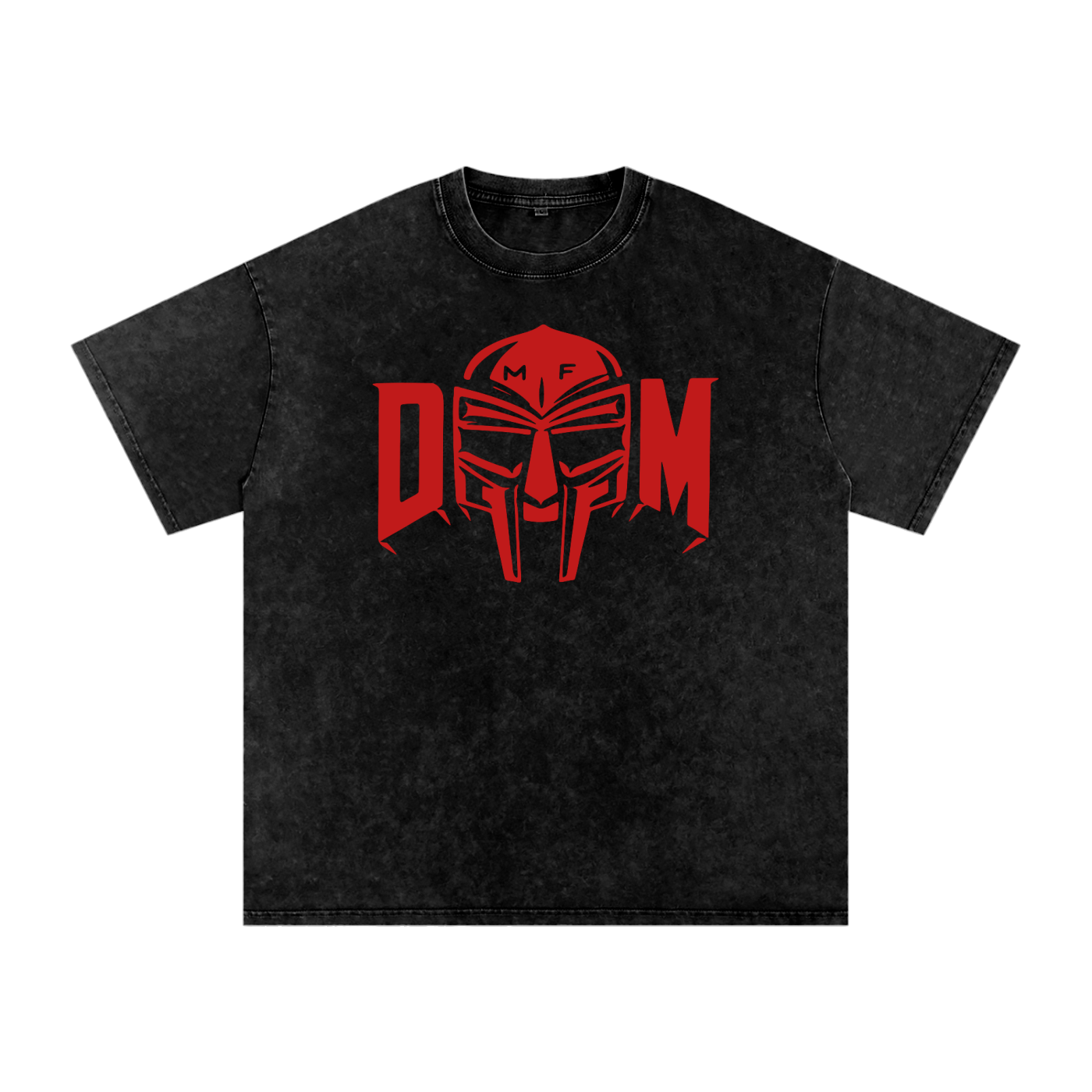 T-shirt oversized hommage MF DOOM en noir snow wash - masque de gladiateur rouge formant les lettres DOOM