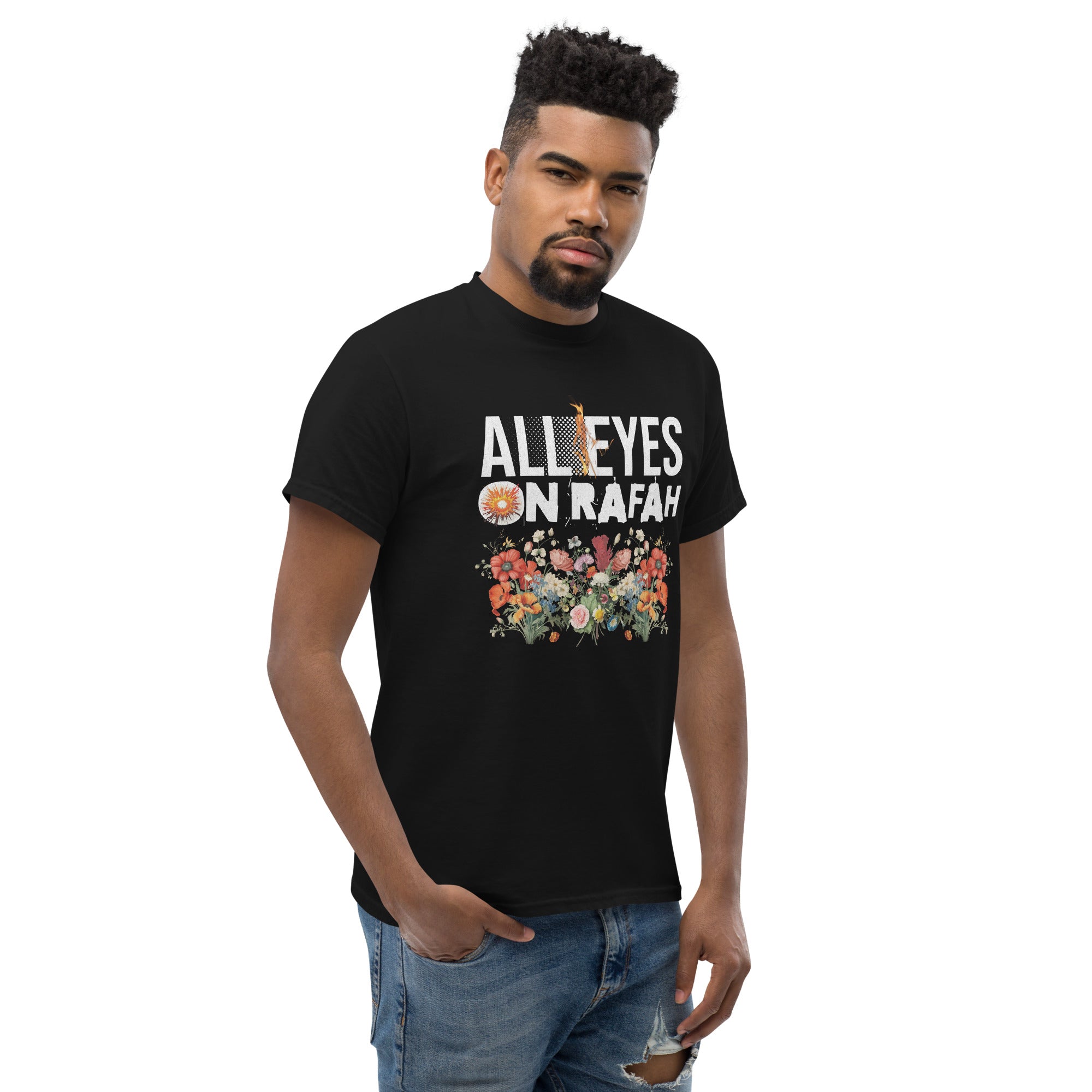 t-shirt noir porté par un homme Palestine All eyes on Rafah