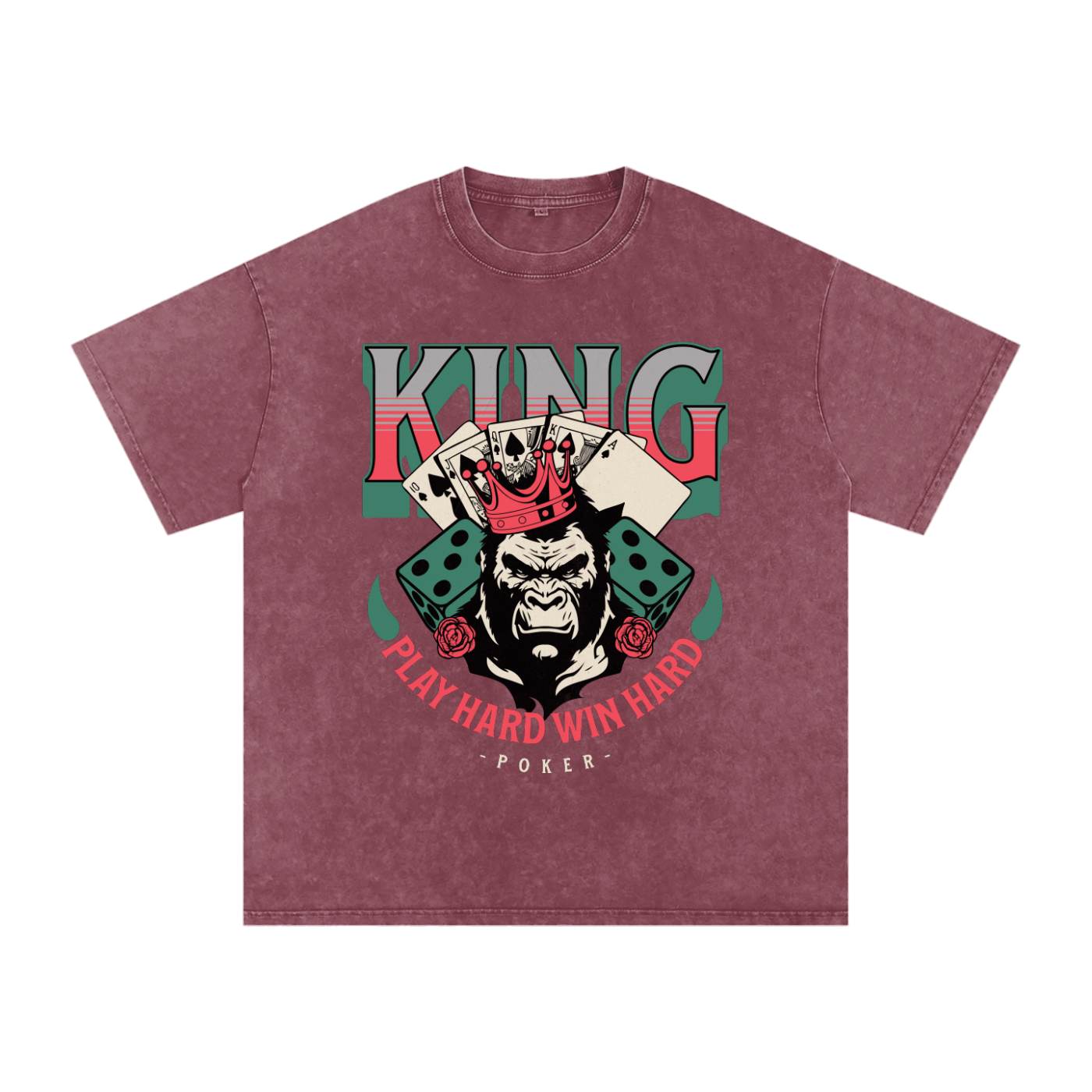 T-shirt poker oversized en rouge délavé - gorille couronné, cartes, dés verts et roses rouges