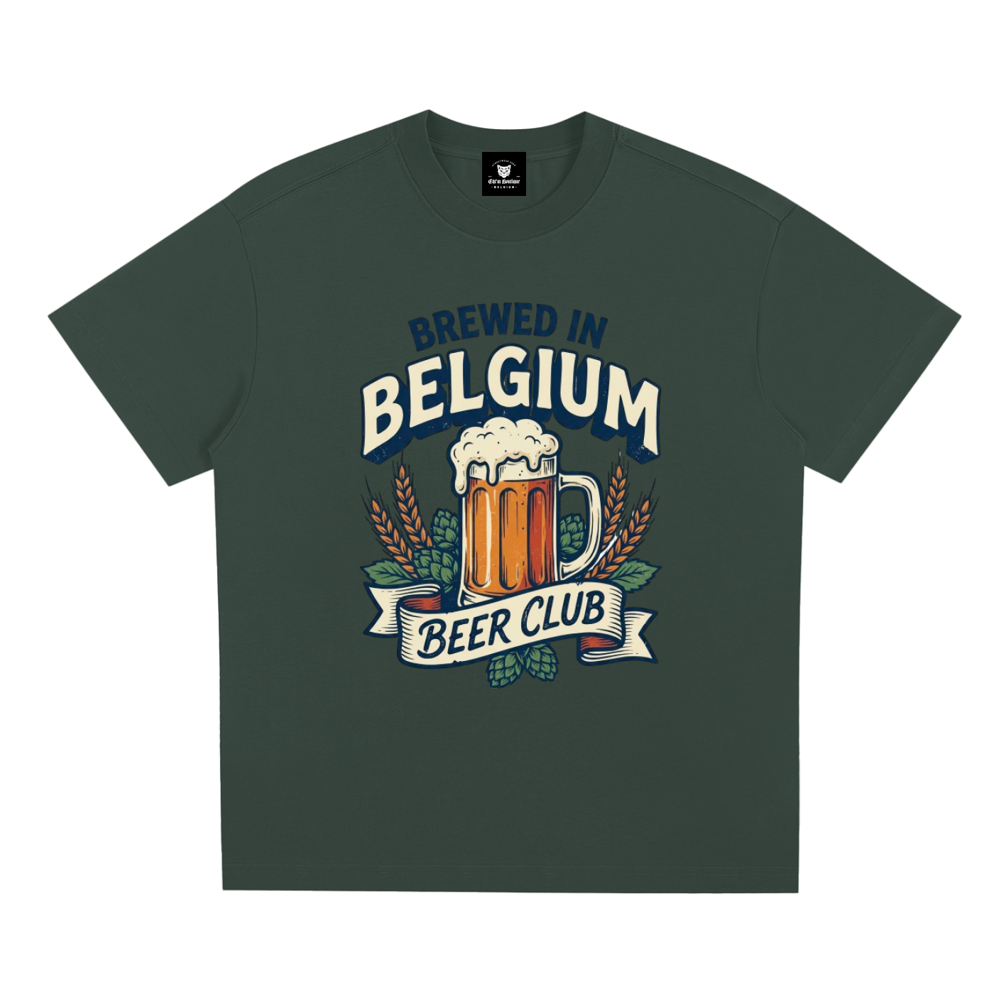 T-shirt Brewed in Belgium Beer Club en vert forêt à plat, écusson houblon et chope