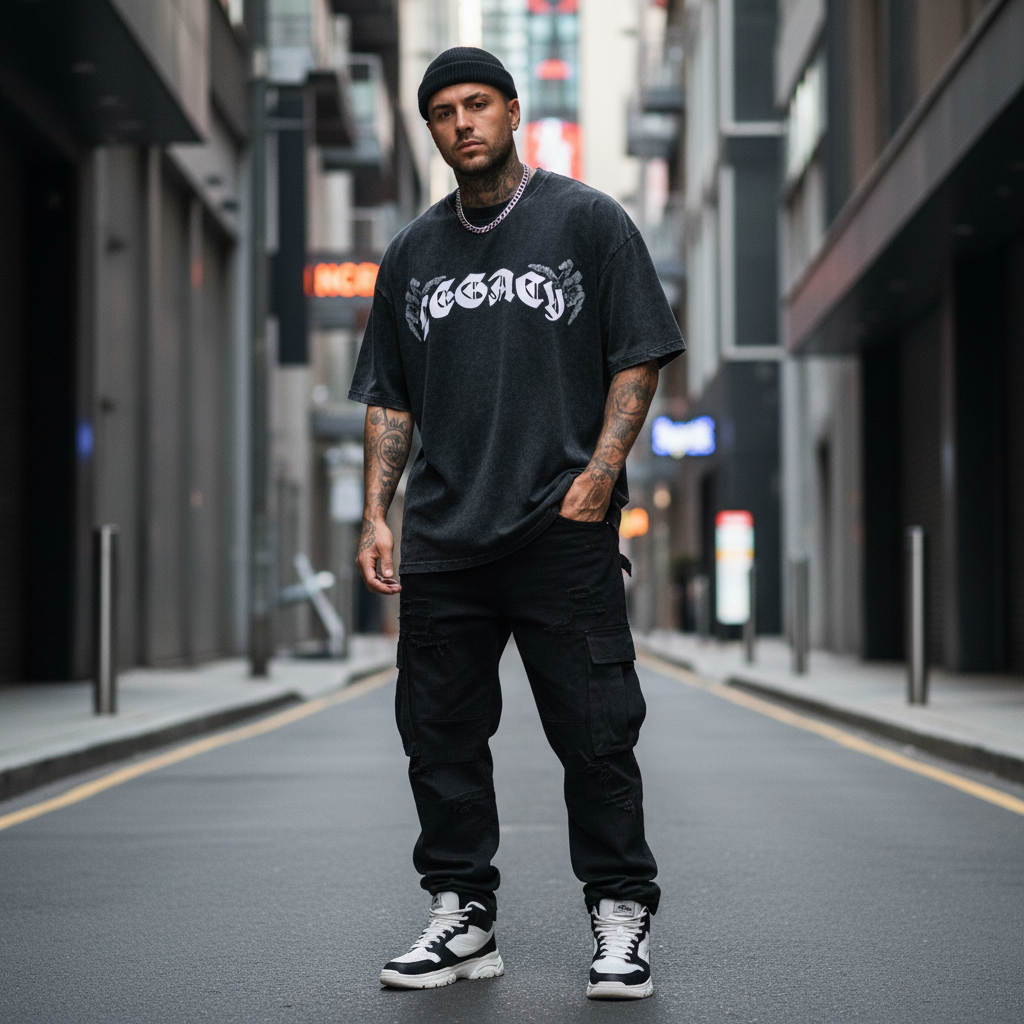 T-shirt oversized LEGACY noir délavé porté en rue avec un cargo noir - look streetwear