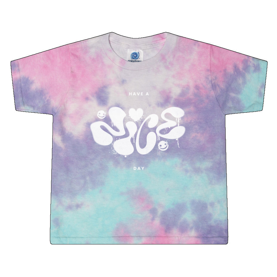 teeshirt femme tie dye court rose bleu avec logo imprimé have a nice day et des petits smiley