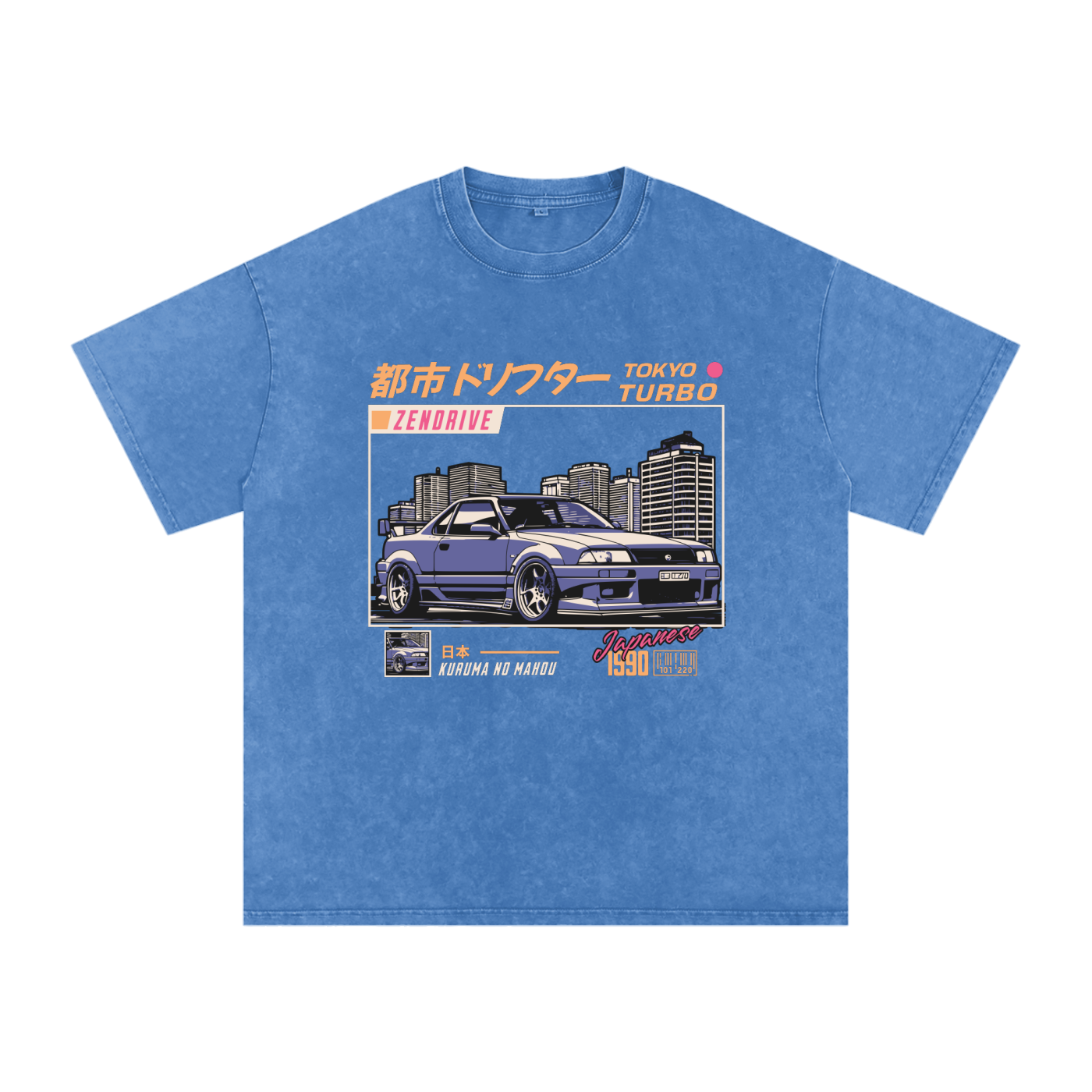 T-shirt oversized japonais Tokyo Turbo bleu délavé - voiture de drift et gratte-ciel imprimés