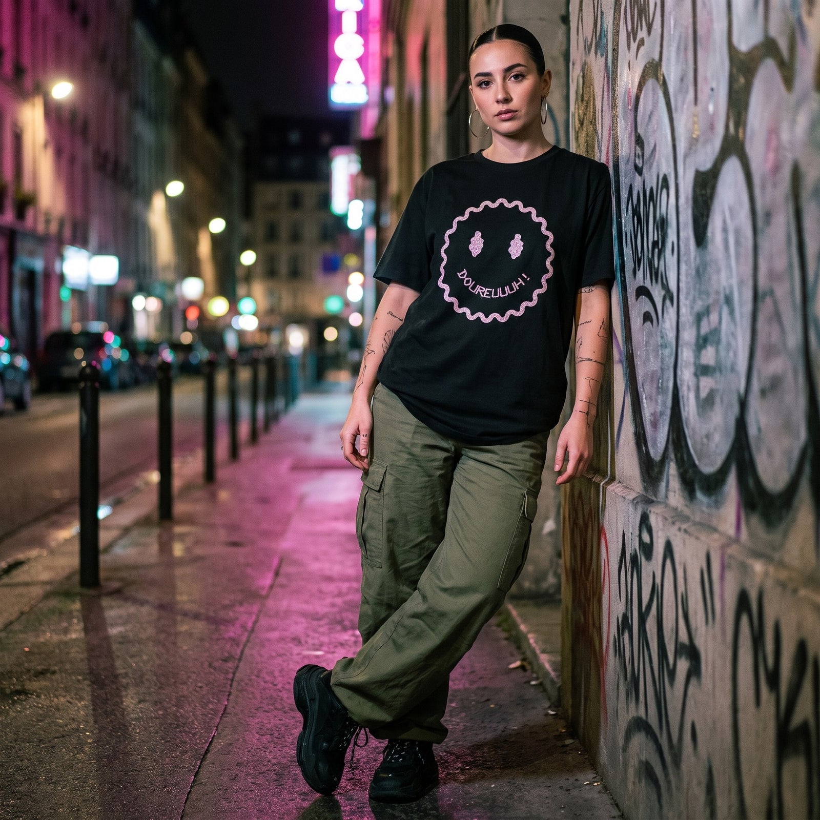 T-shirt techno smiley acid DOUREUUUH porté en streetwear urbain par une femme