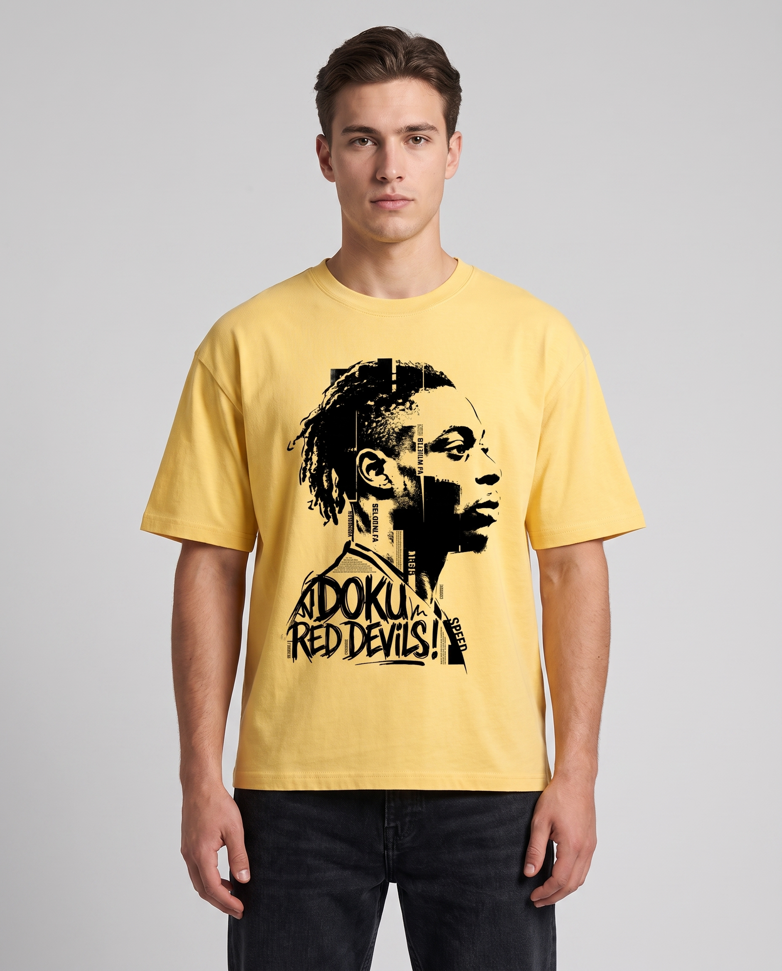 T-shirt oversized Jeremy Doku jaune citron porté en studio, vue de face, coupe drop shoulder