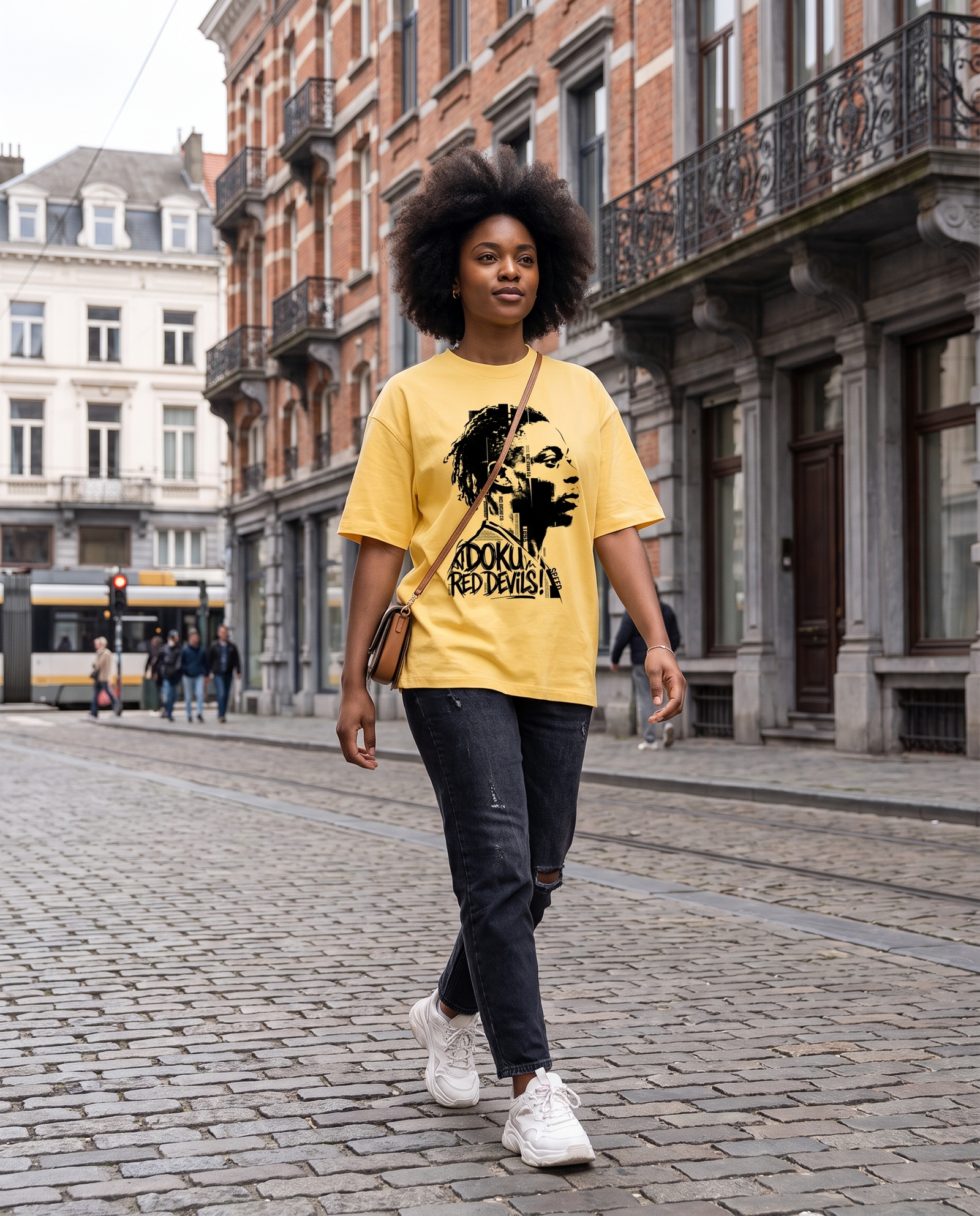 T-shirt oversized Jeremy Doku jaune citron porté en ville par une supportrice belge, vue de face