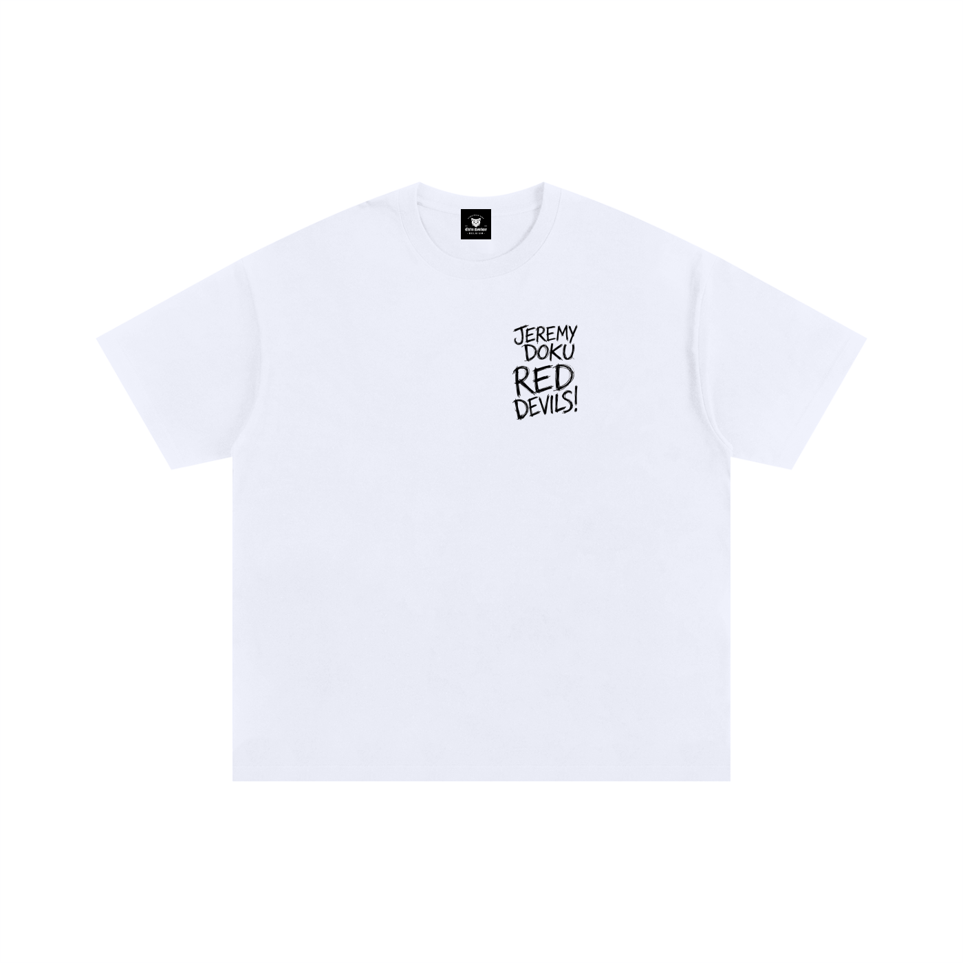 T-shirt oversized Jeremy Doku blanc, vue de face avec le lettrage Jeremy Doku Red Devils sur la poitrine