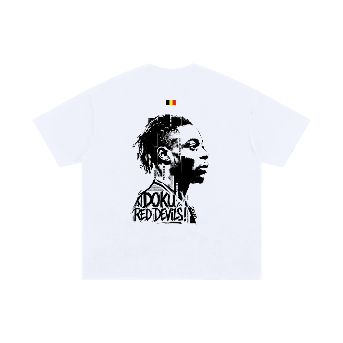T-shirt oversized Jeremy Doku blanc, dos imprimé du portrait de l'ailier belge et du drapeau noir-jaune-rouge