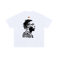 T-shirt oversized Jeremy Doku blanc, dos imprimé du portrait de l'ailier belge et du drapeau noir-jaune-rouge