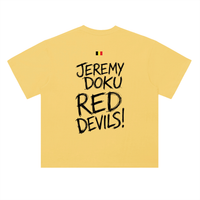 T-shirt oversized Jeremy Doku jaune citron, dos lettré Jeremy Doku Red Devils sous le drapeau belge
