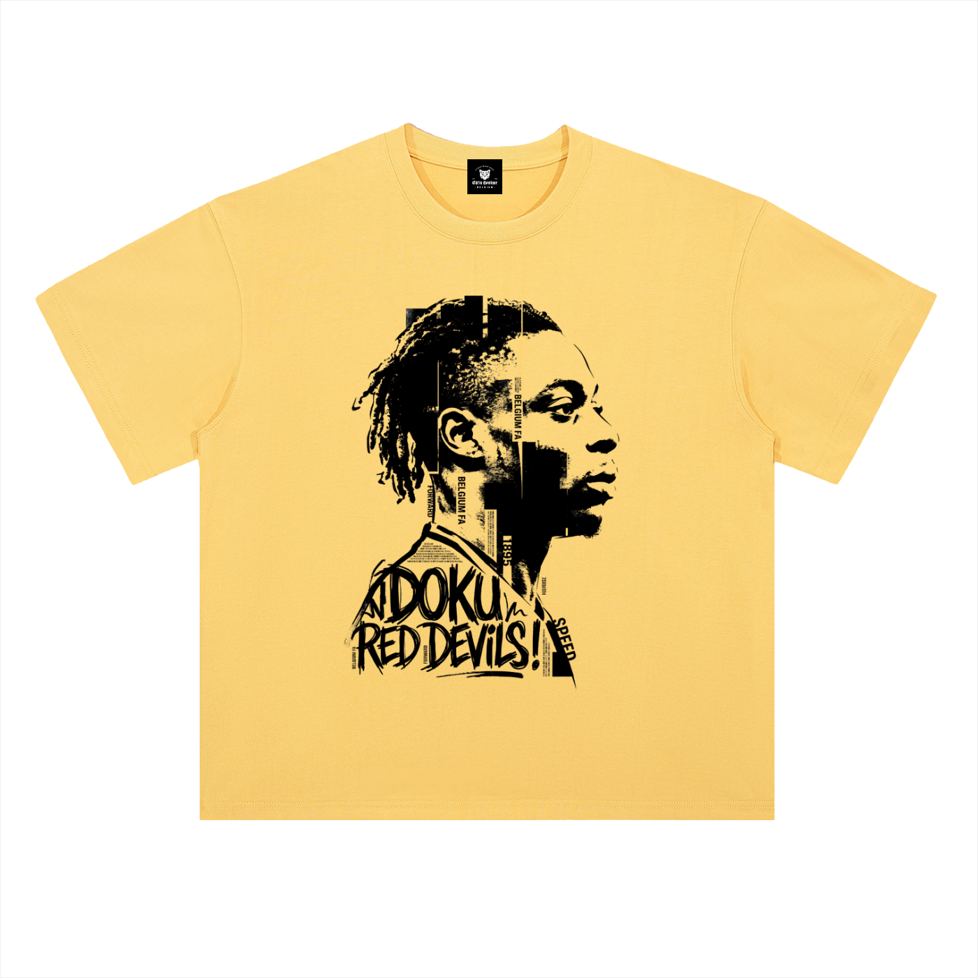 T-shirt oversized Jeremy Doku jaune citron, devant imprimé du portrait et du tag Doku Red Devils Speed
