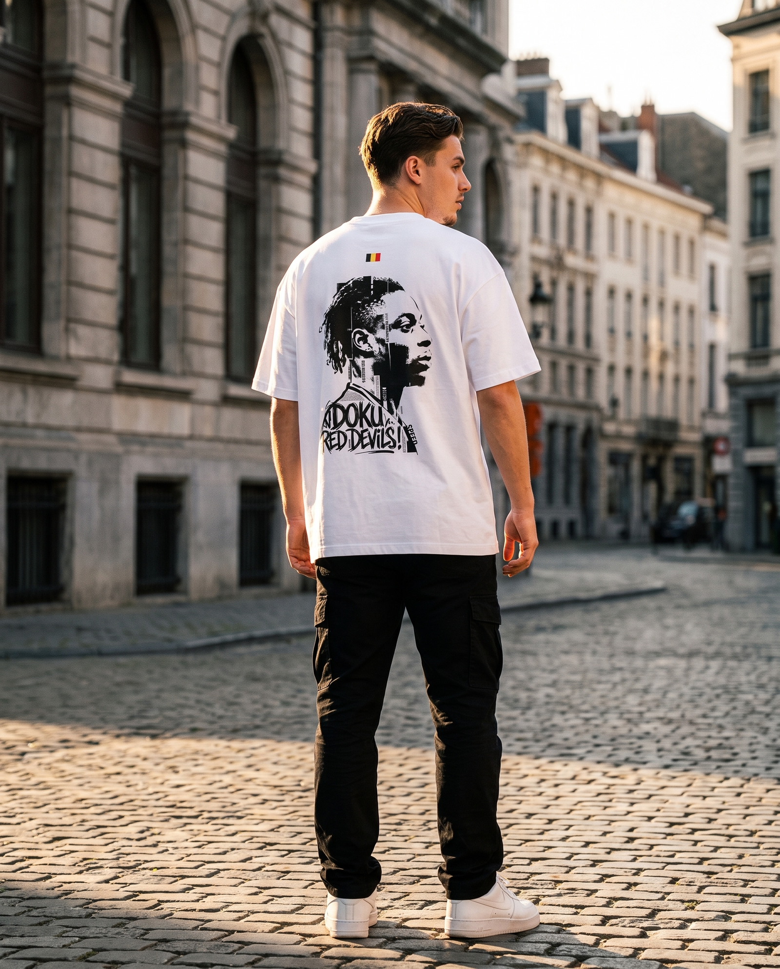 T-shirt oversized Jeremy Doku blanc porté en street style par un supporter belge à Bruxelles, vue de dos