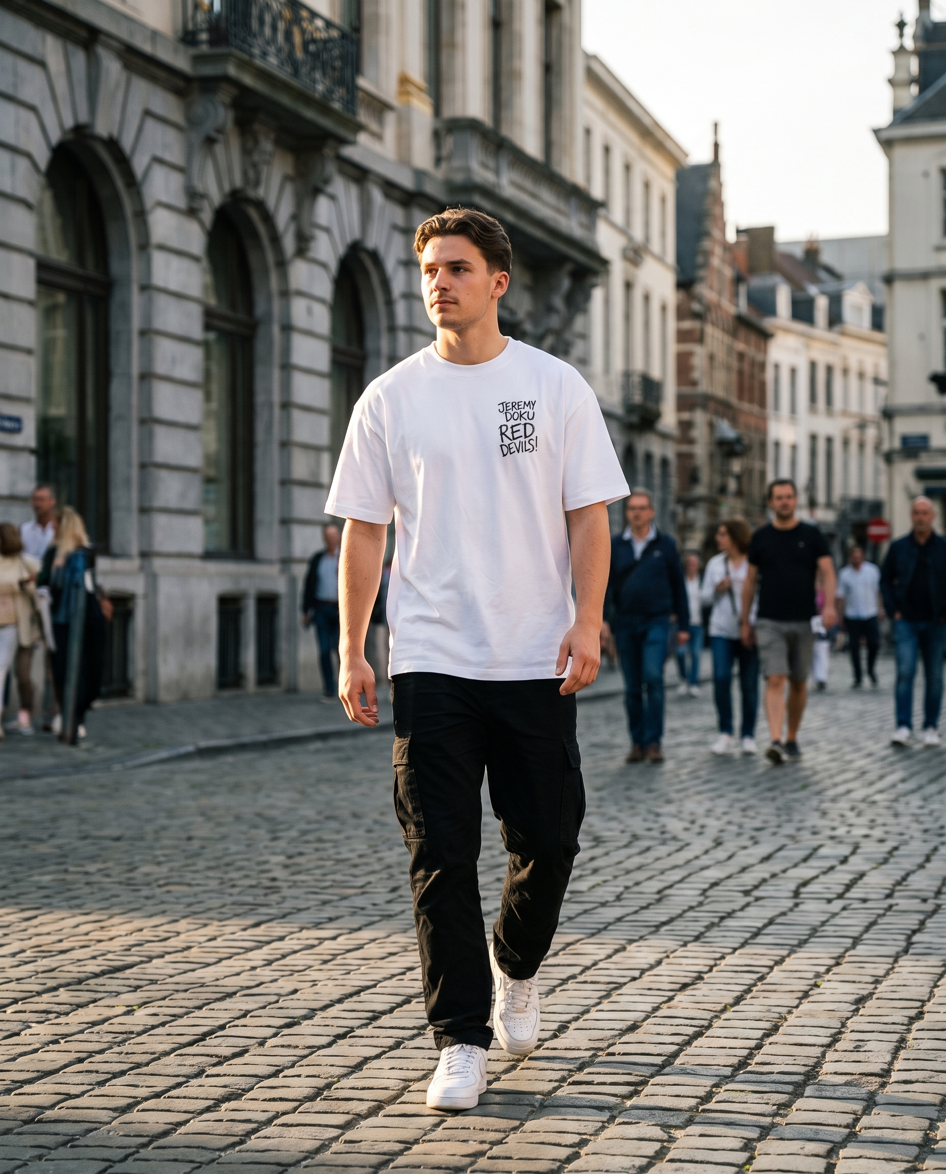 T-shirt Jeremy Doku Red Devils porté en street style par un supporter homme à Bruxelles, vue de face