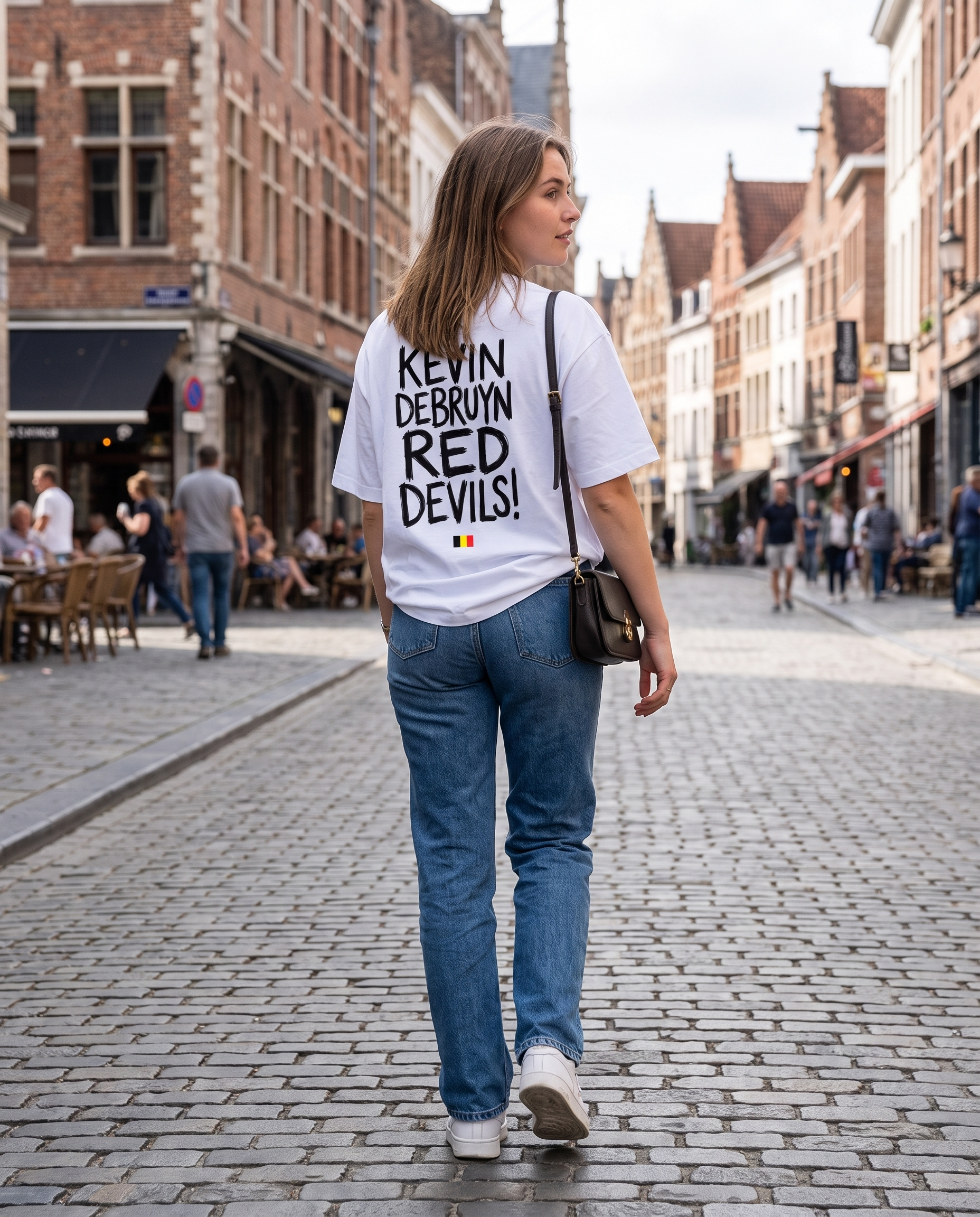 T-shirt Kevin De Bruyne Red Devils porté en street style par une supportrice, vue de dos, à Bruxelles