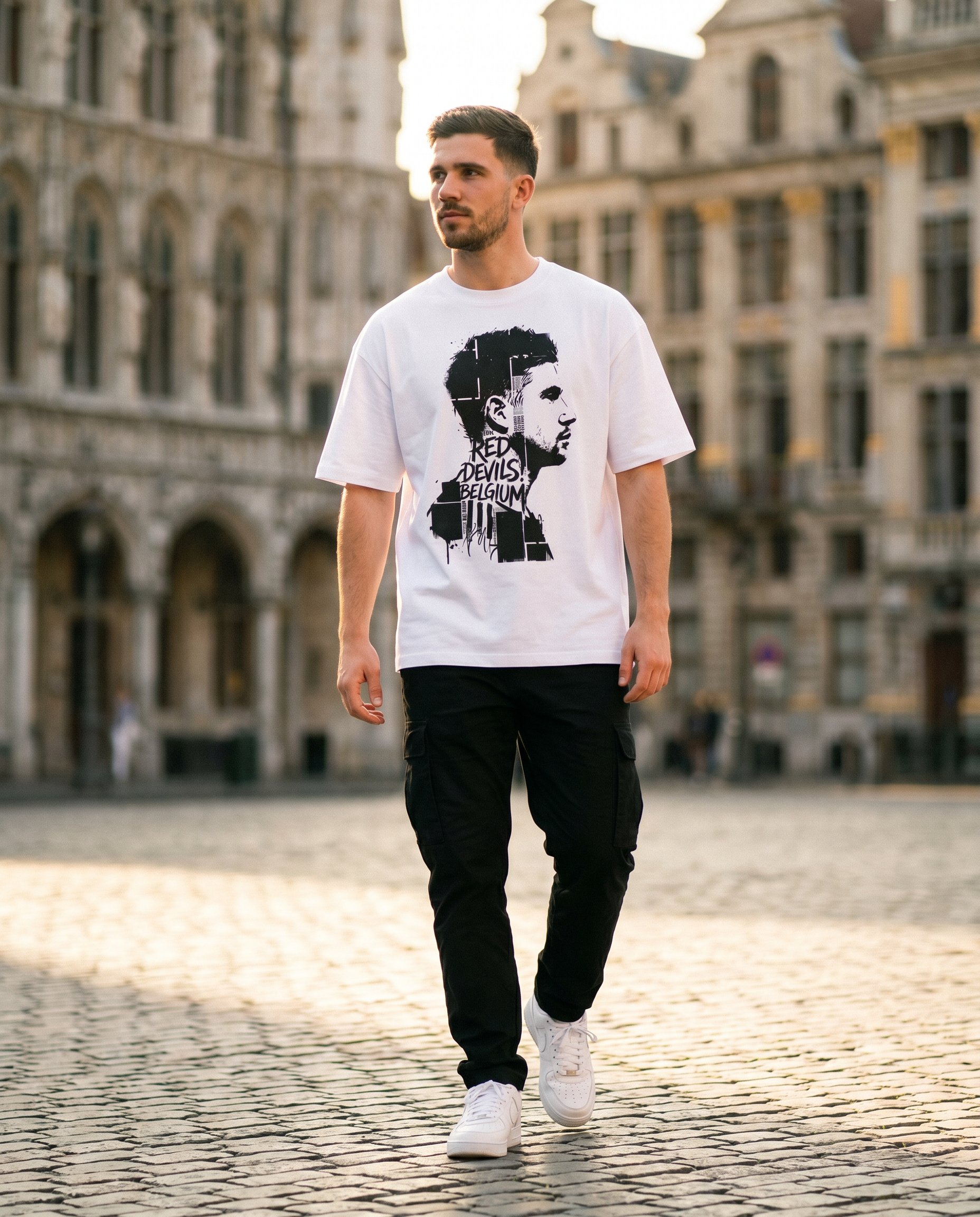 T-shirt Kevin De Bruyne Red Devils porté en street style par un supporter homme à Bruxelles