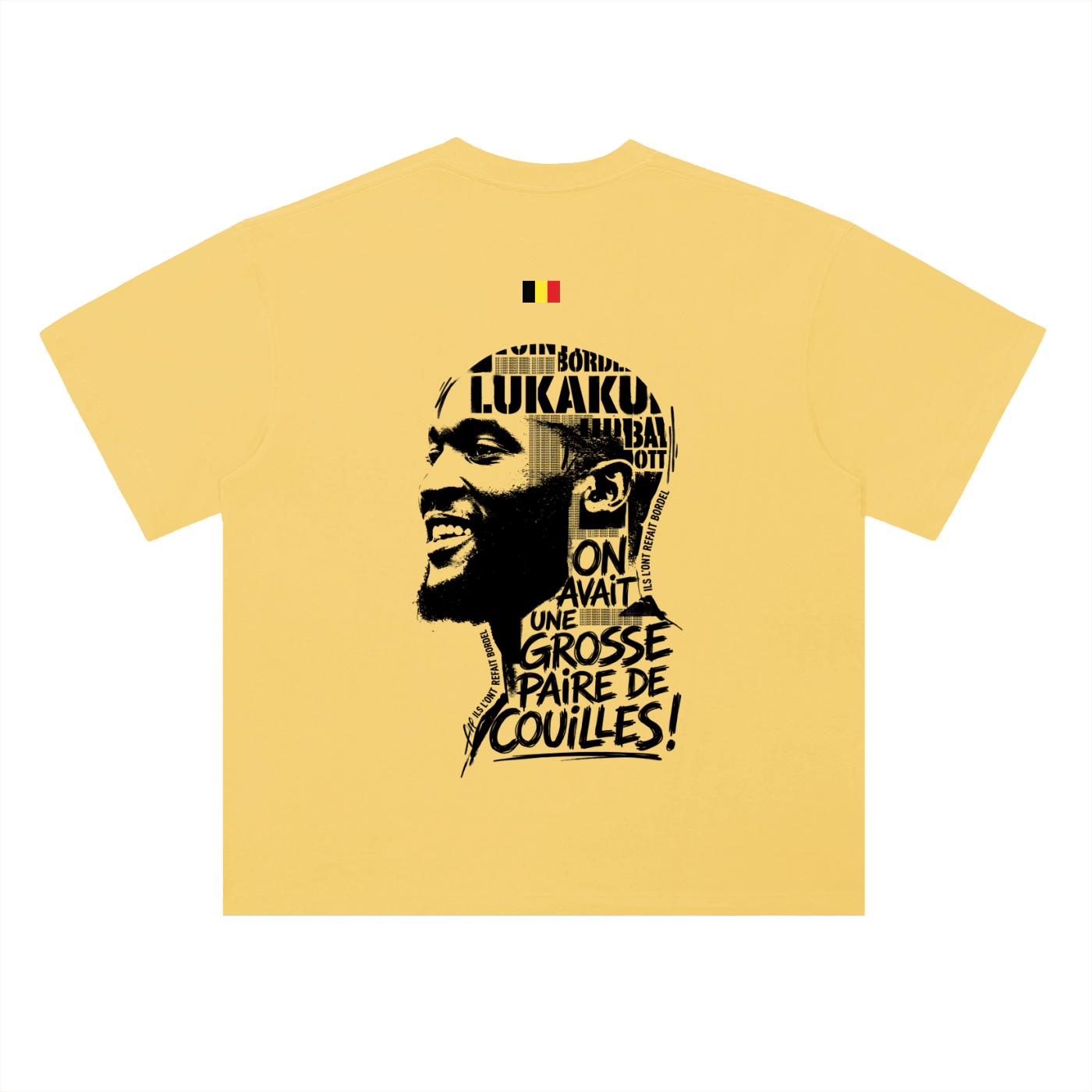 T-shirt oversized Lukaku en jaune citron vu de dos - portrait et citation Grosse paire de couilles