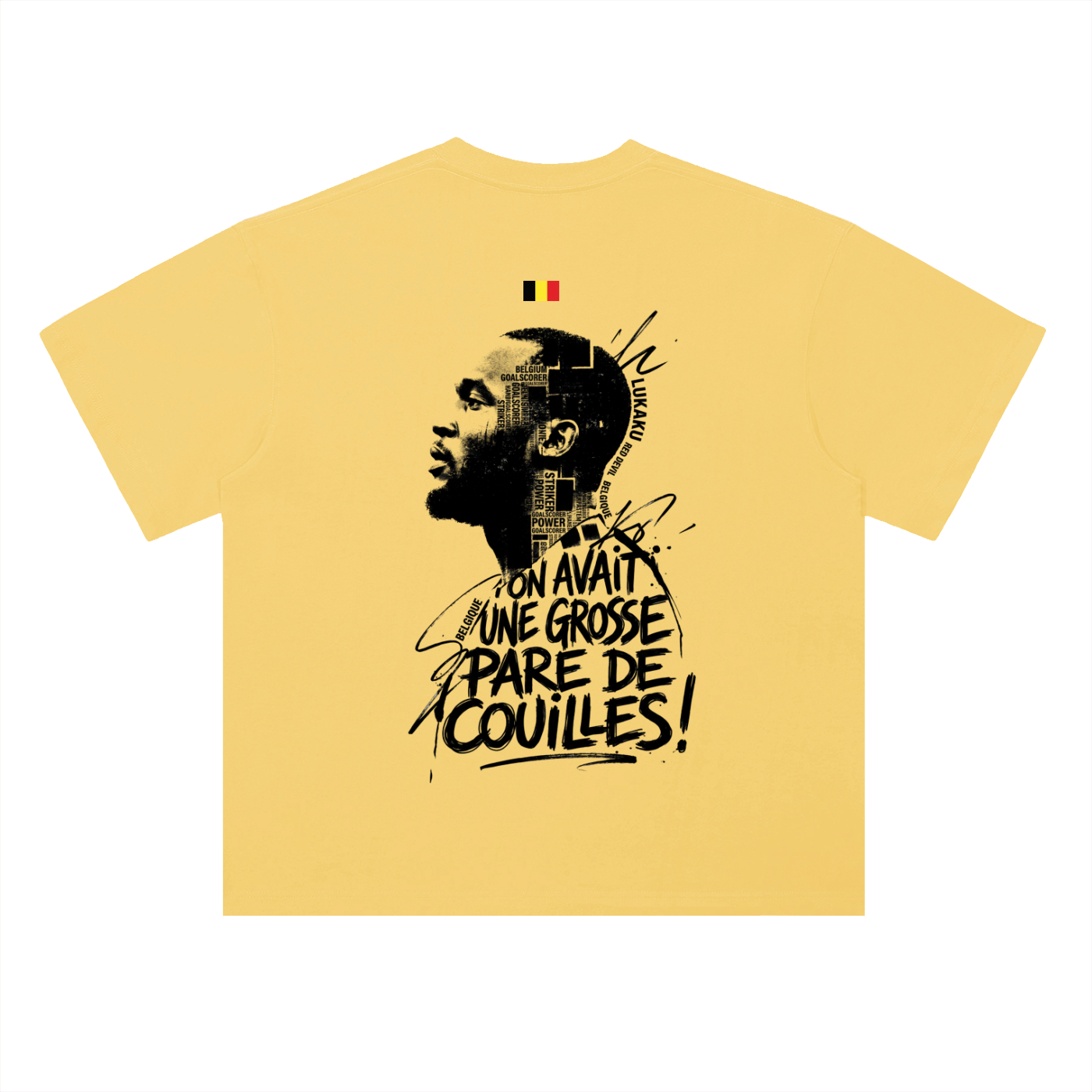 T-shirt oversized Lukaku jaune citron, dos imprimé du portrait et de la citation avec drapeau belge