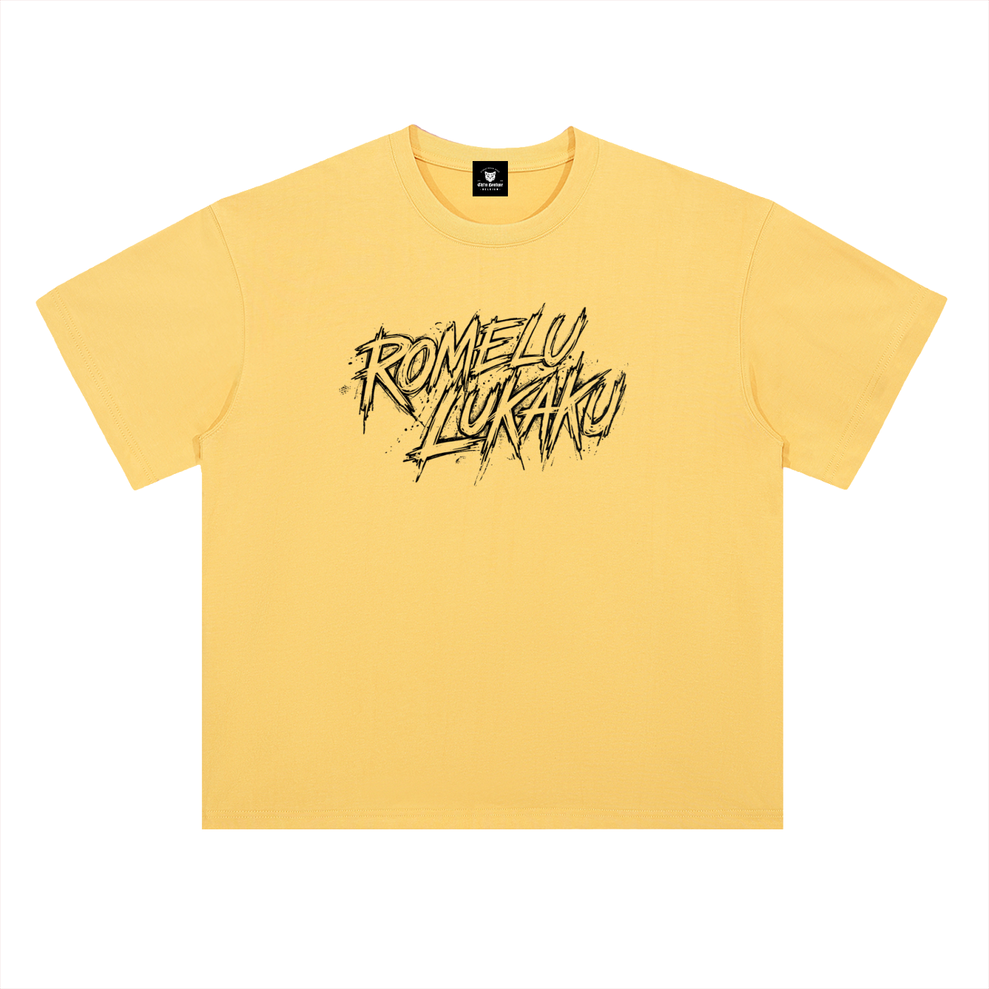 T-shirt oversized Lukaku jaune citron, devant tagé du lettrage graffiti Romelu Lukaku en noir