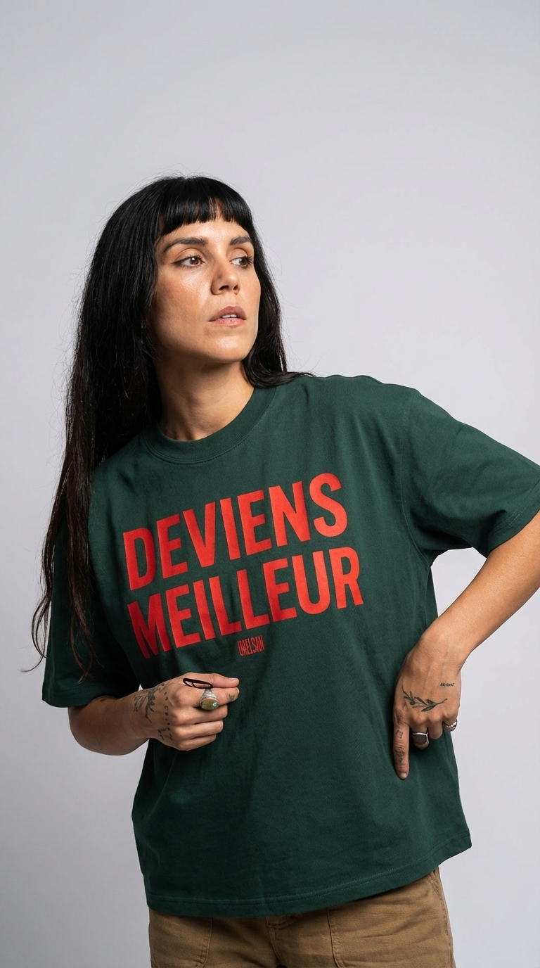 Gros plan sur le lettrage rouge Deviens Meilleur du t-shirt vert forêt en coton épais
