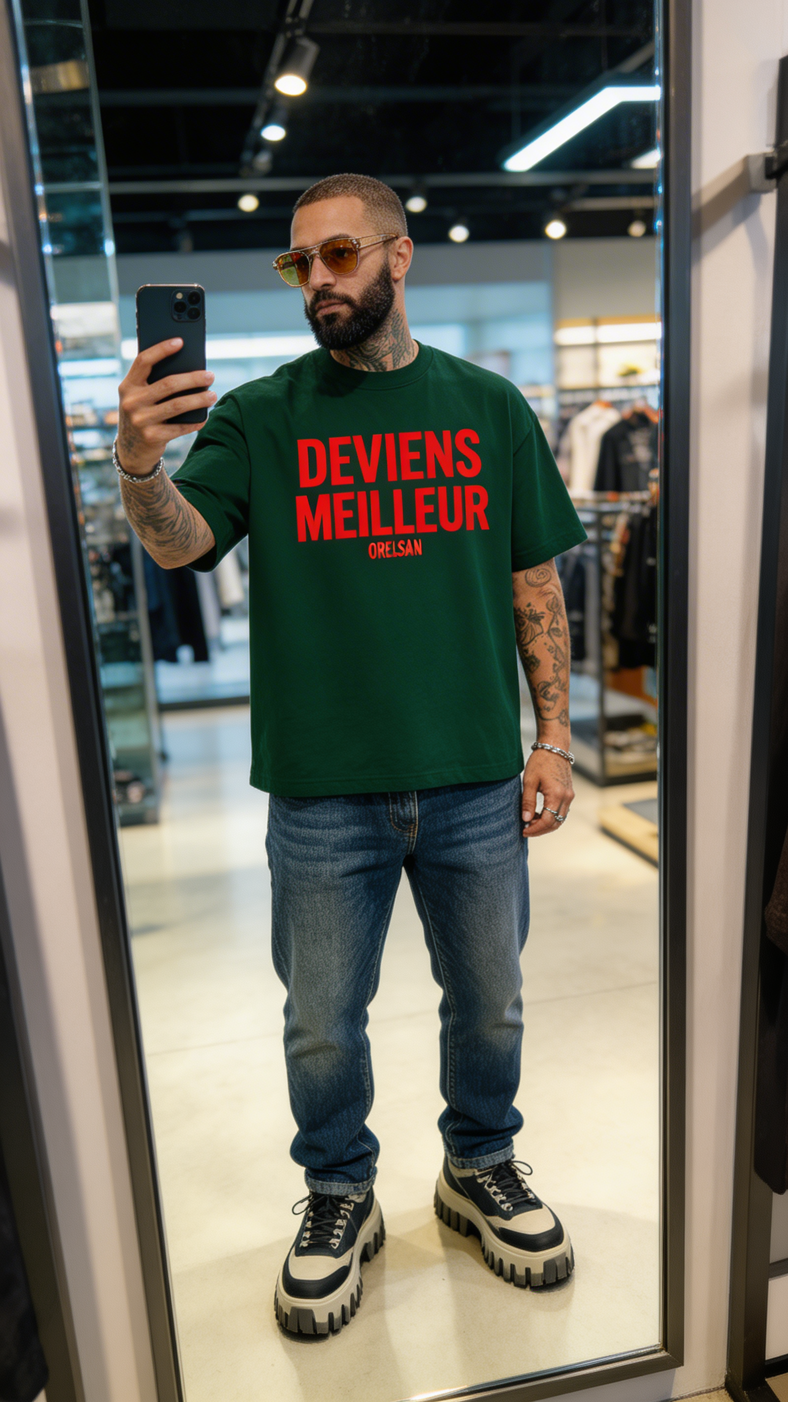 T-shirt Deviens Meilleur vert forêt porté devant un miroir, silhouette oversized complète