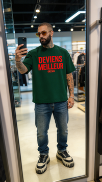 T-shirt Deviens Meilleur vert forêt porté devant un miroir, silhouette oversized complète
