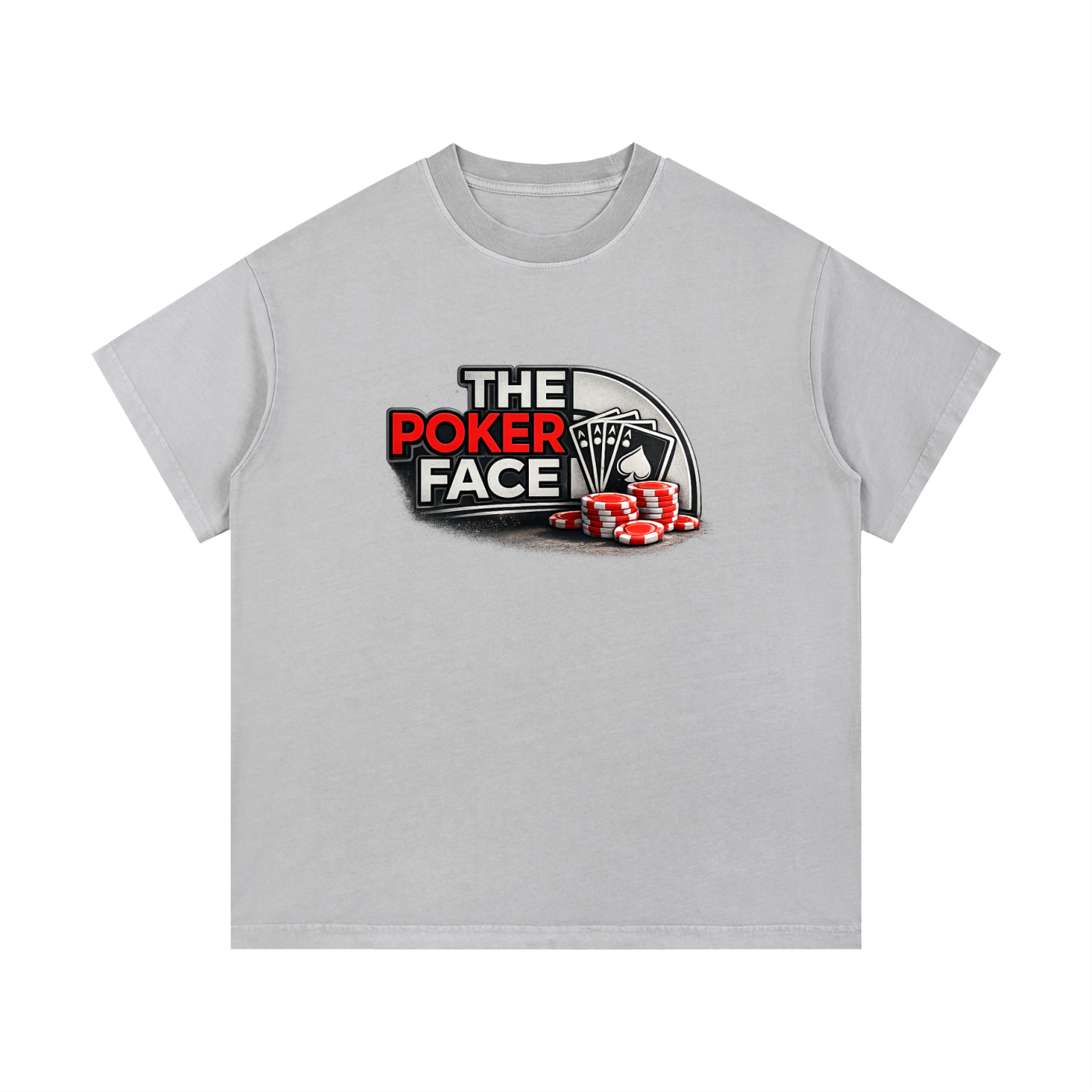 T-shirt The Poker Face en gris clair à plat, logo parodie casino avec cartes et jetons