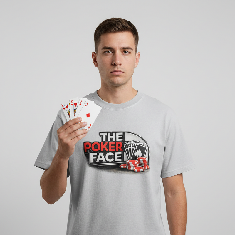 Homme en t-shirt The Poker Face gris clair tenant un carré d'as, logo poker rouge et blanc