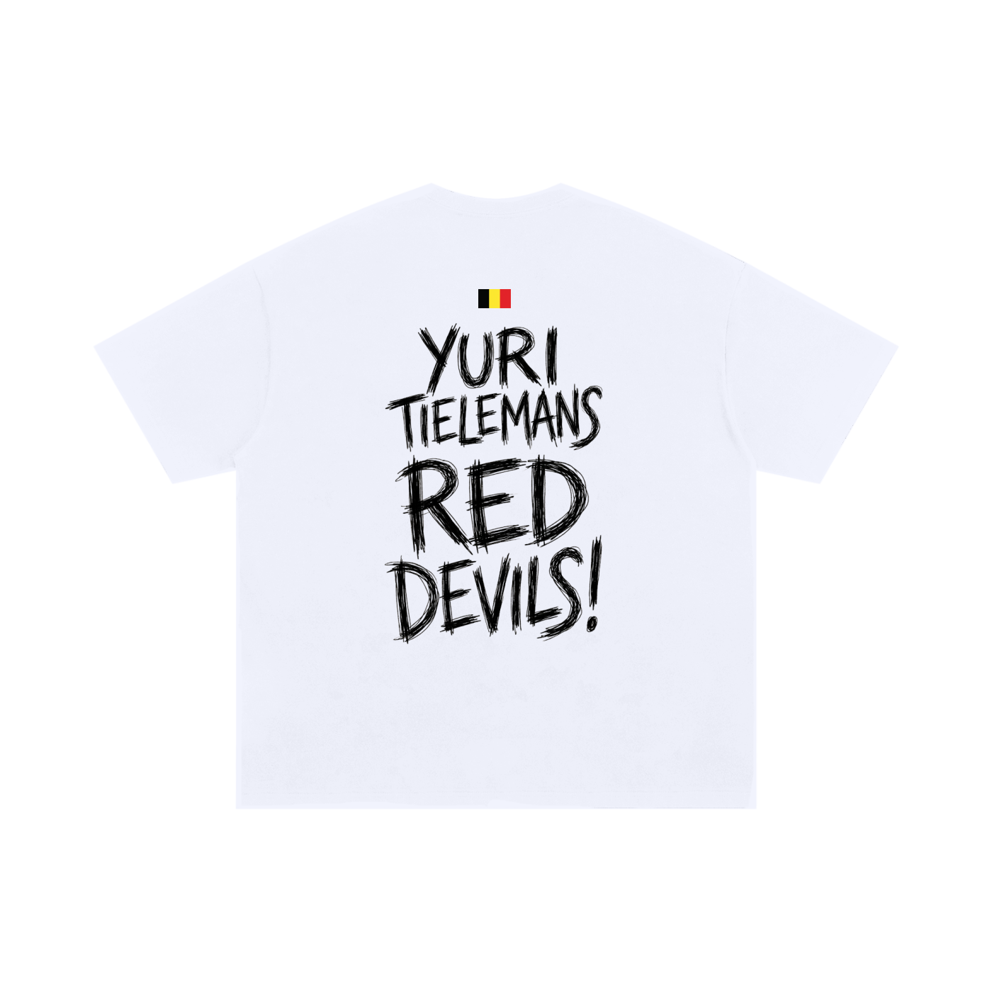 T-shirt oversized Tielemans blanc, dos floqué Yuri Tielemans Red Devils avec le drapeau belge