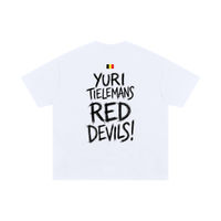 T-shirt oversized Tielemans blanc, dos floqué Yuri Tielemans Red Devils avec le drapeau belge