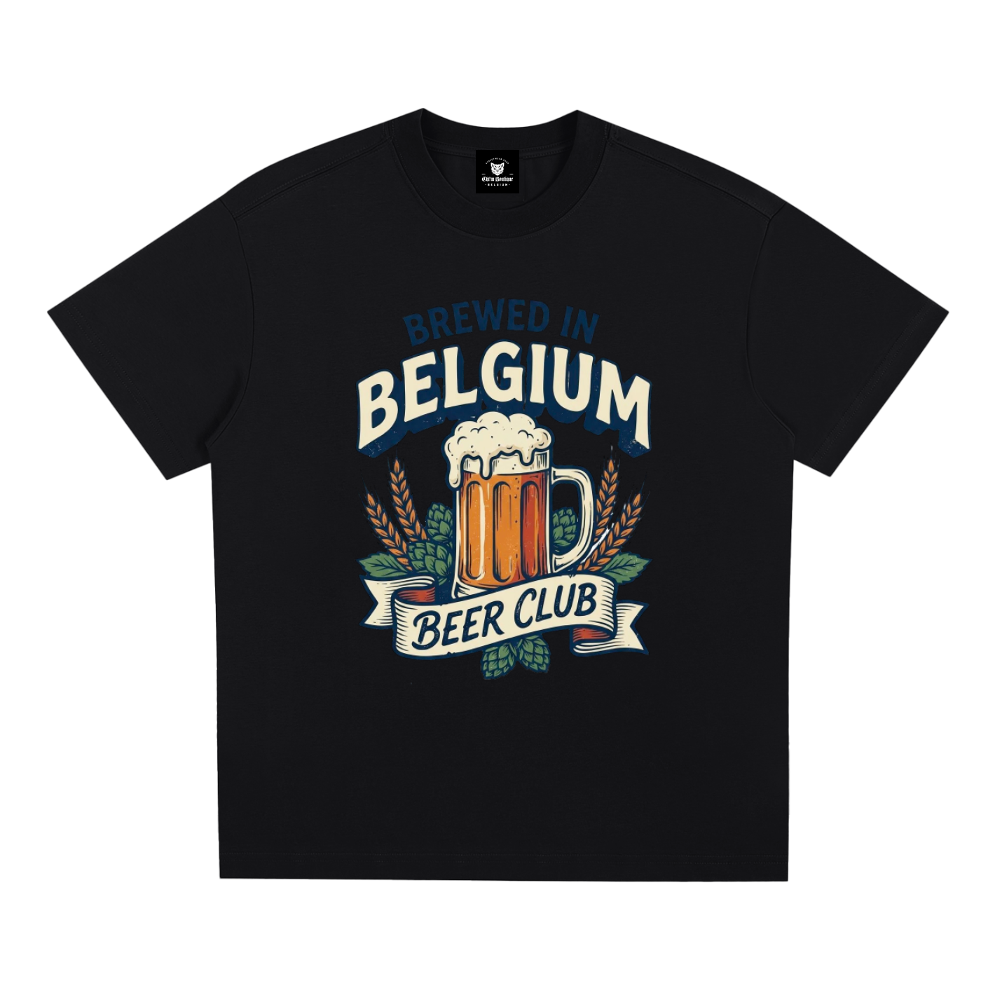 T-shirt Brewed in Belgium Beer Club en noir à plat, lettrage BELGIUM et bière ambrée