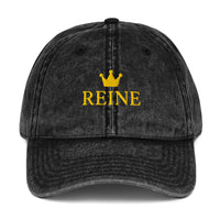 Casquette femme vintage brodée « Reine » noire délavée, vue de face – CHT'M Boutique