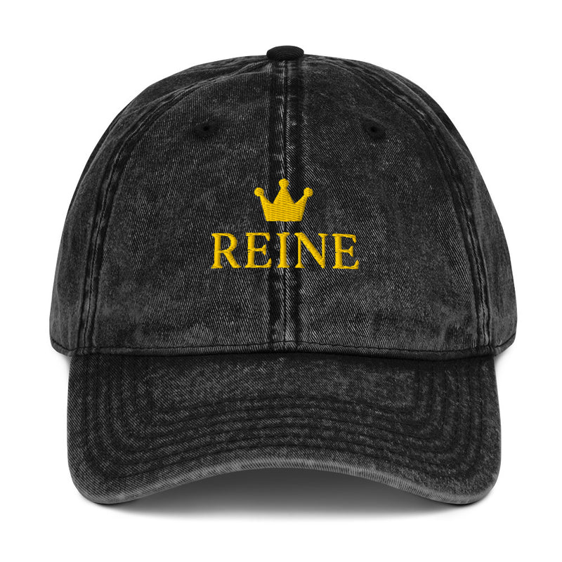 Casquette femme vintage brodée « Reine » noire délavée, vue de face – CHT'M Boutique