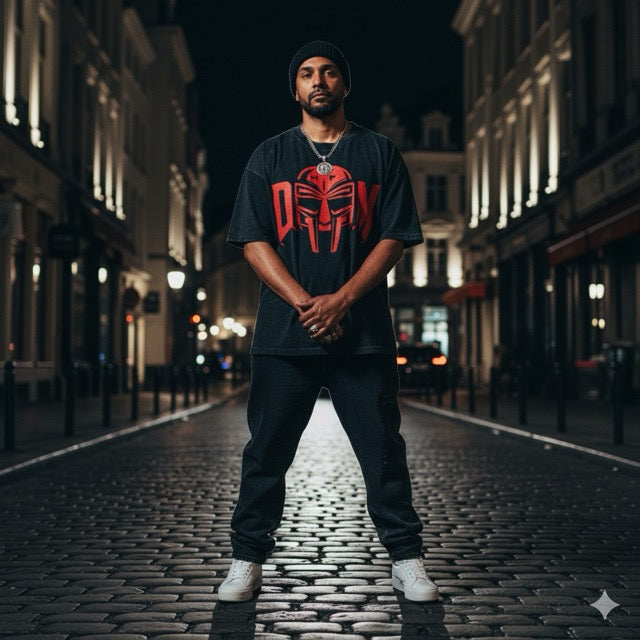 T-shirt oversized hommage MF DOOM en noir porté de nuit en ville - masque rouge XXL sur la poitrine