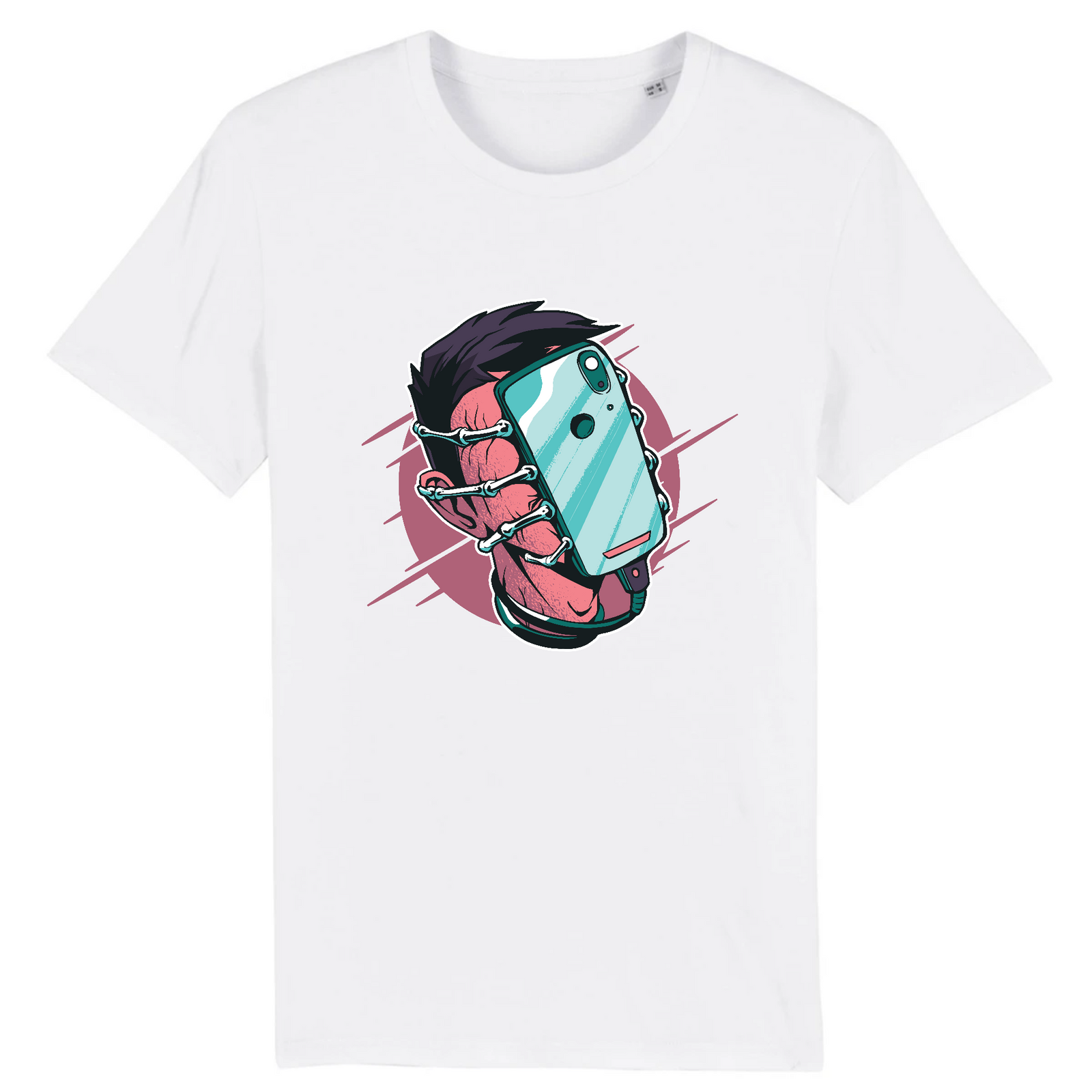 T-shirt geek original blanc en coton bio, design smartphone vissé sur le visage, imprimé en France