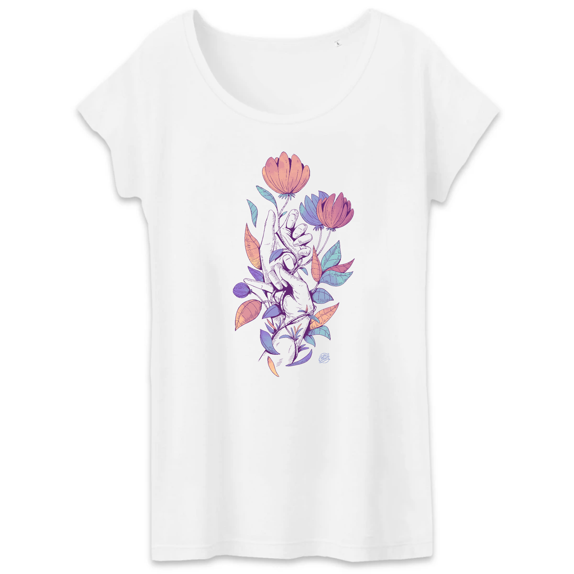 tshirt femme blanc art dessin main fleur mauve