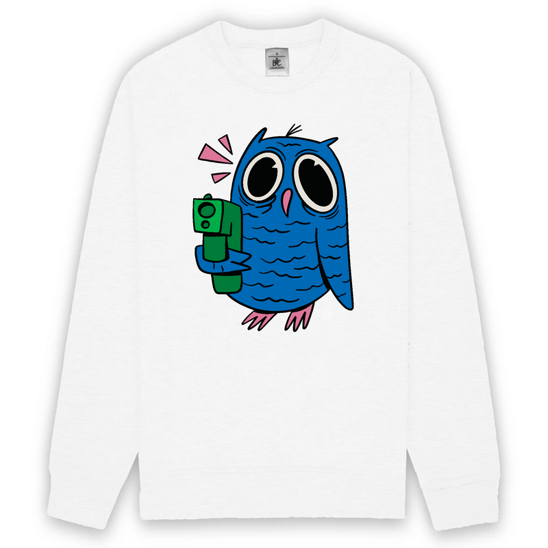 pull chouette bleue avec fusil