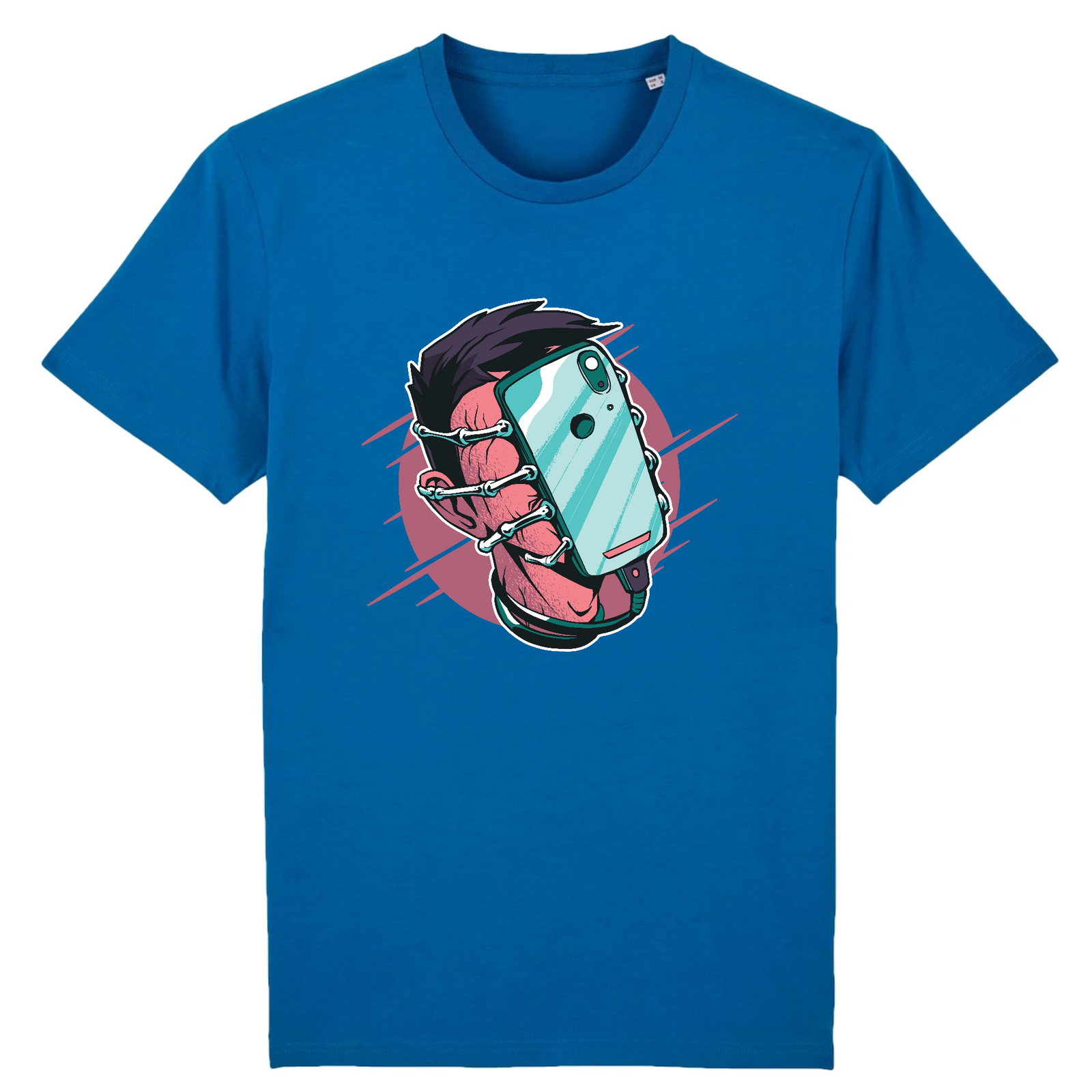 T-shirt geek original bleu en coton bio, design streetwear smartphone pop art
