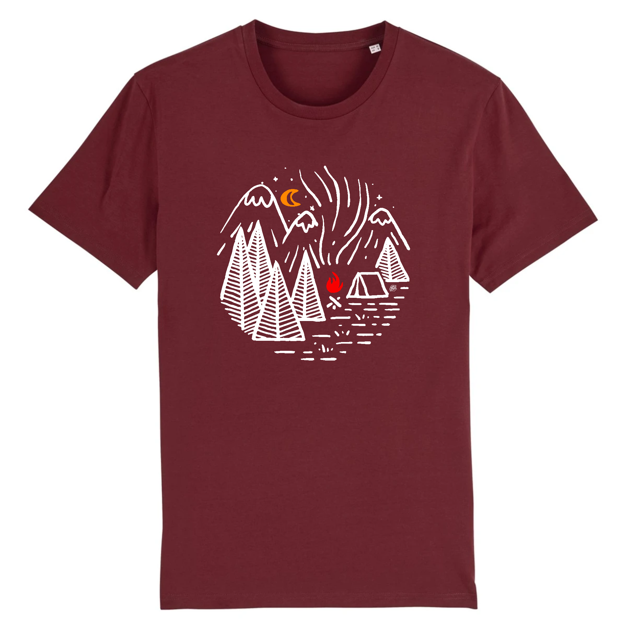 Tshirt homme bordeaux avec un dessin de feu de camp scout au clair de lune dans les montagnes