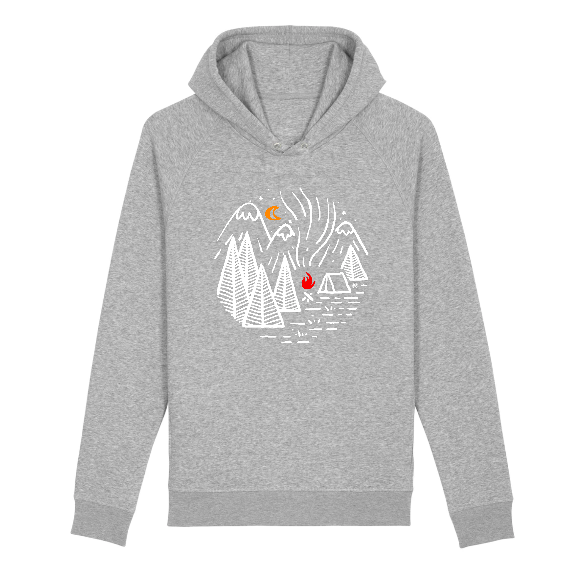pull bio a capuche gris avec un camp des tentes scout et un feu de camp