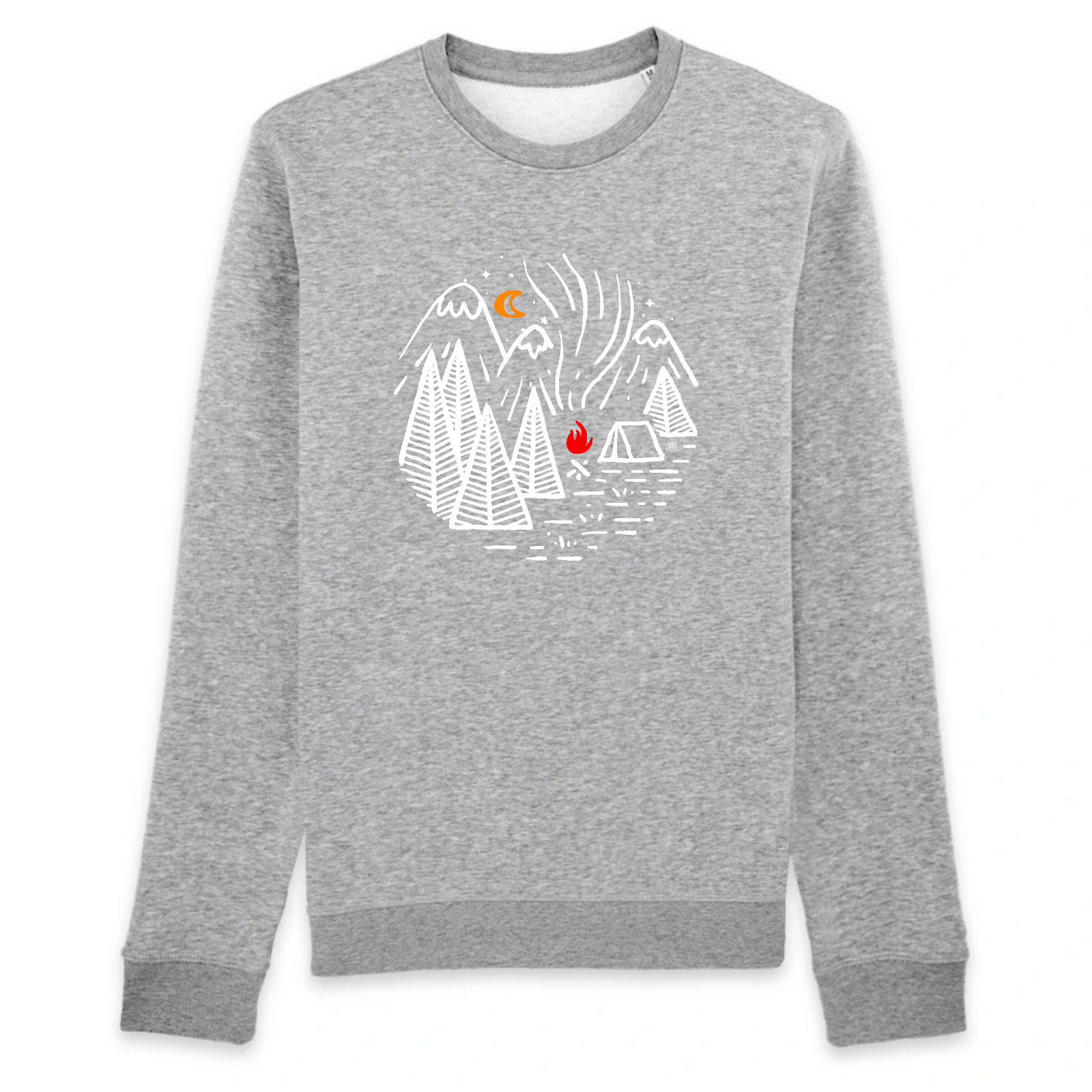 pull bio gris avec un design blanc d un camp dans les montagnes et un feu de camp