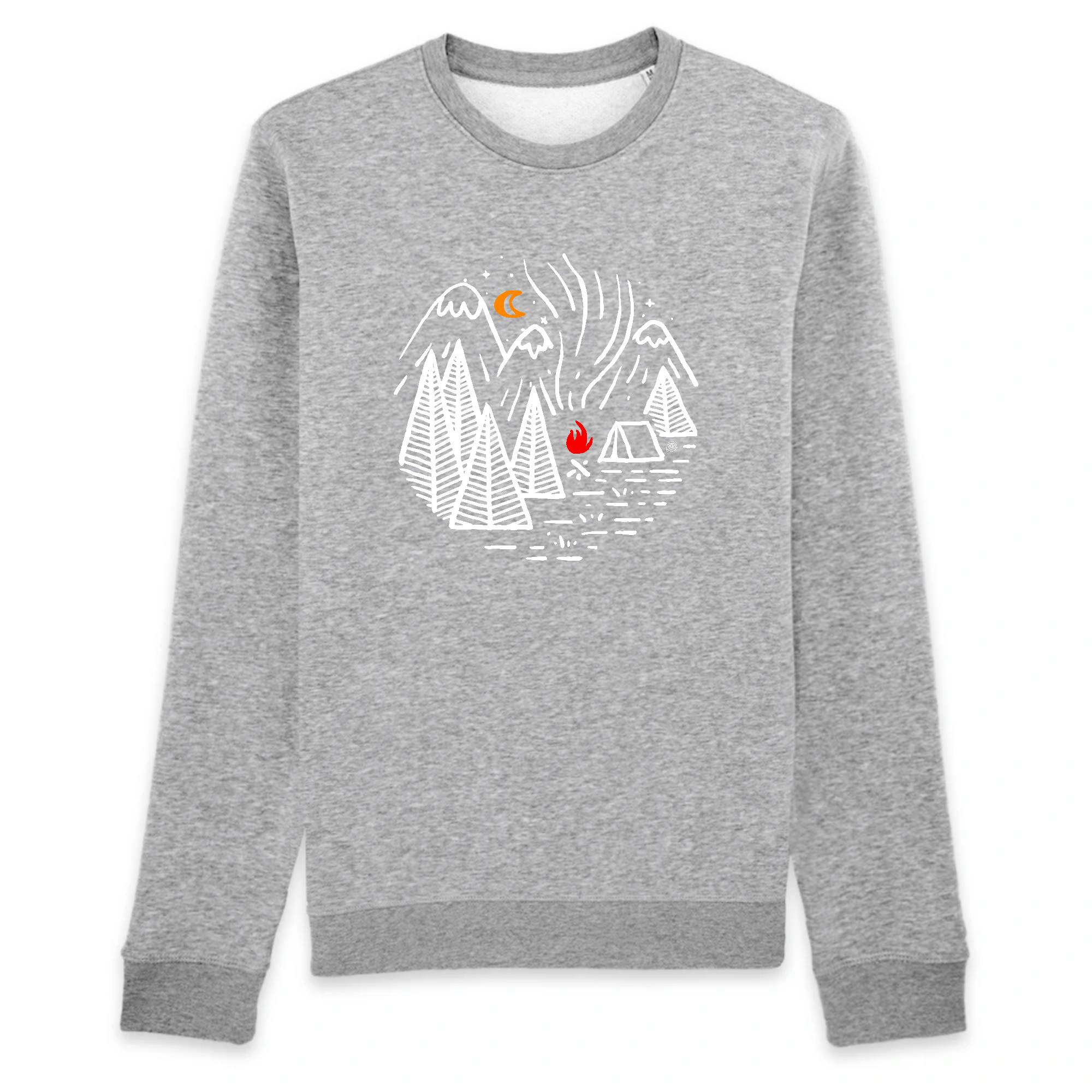 pull bio gris avec un design blanc d un camp dans les montagnes et un feu de camp