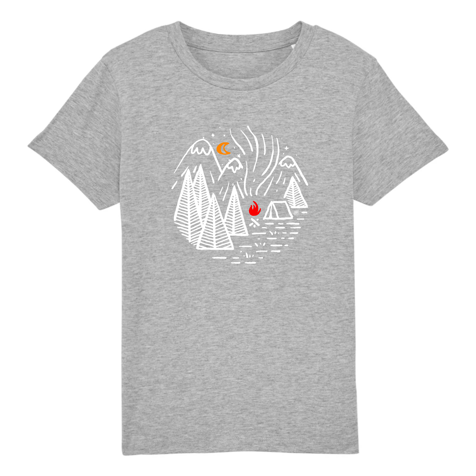 tshirt bio enfant avec un dessin de camp scout dans les montagnes