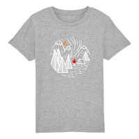 tshirt bio enfant avec un dessin de camp scout dans les montagnes