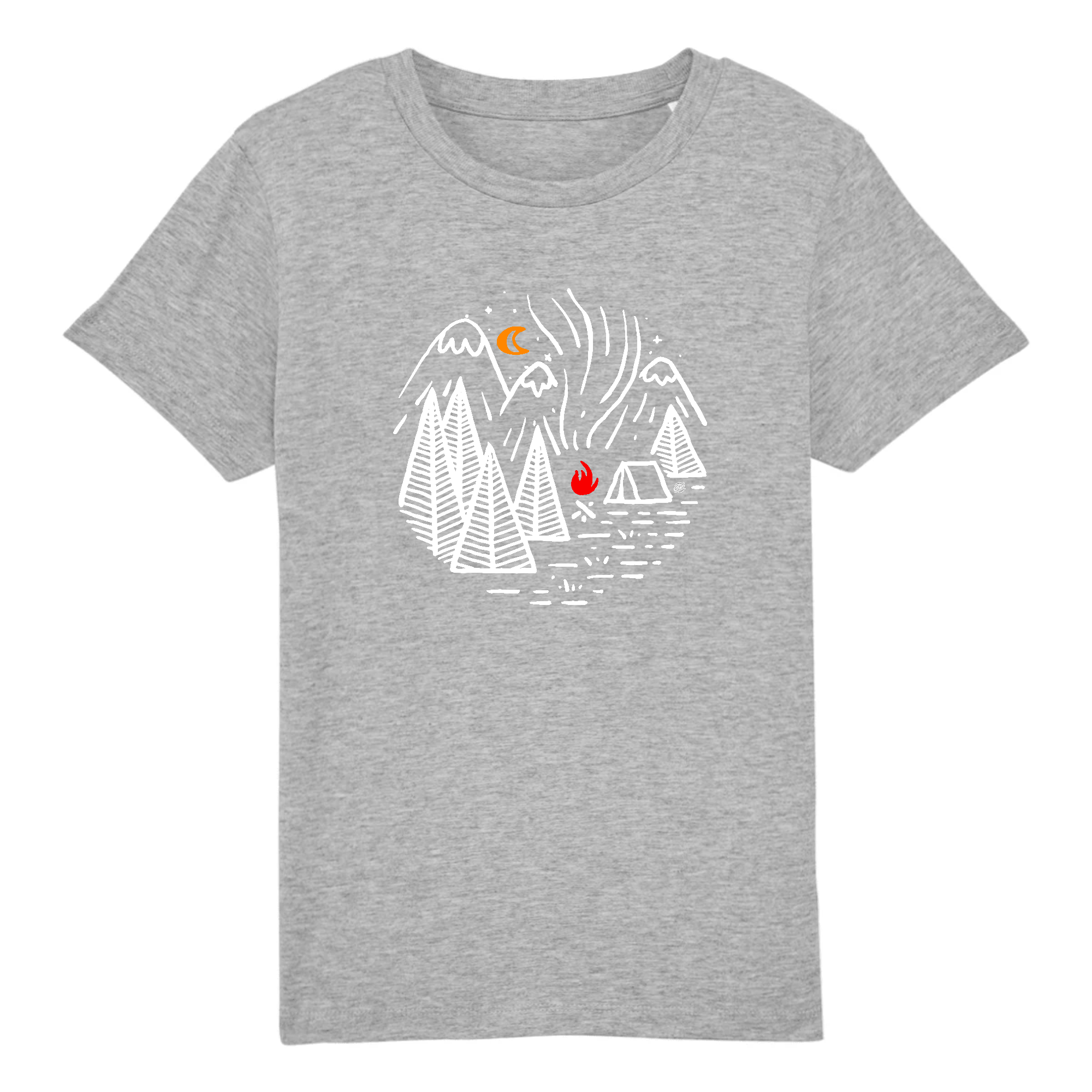 tshirt bio enfant avec un dessin de camp scout dans les montagnes
