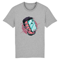 T-shirt geek original gris chiné en coton bio, design pop art smartphone boulonné sur le visage