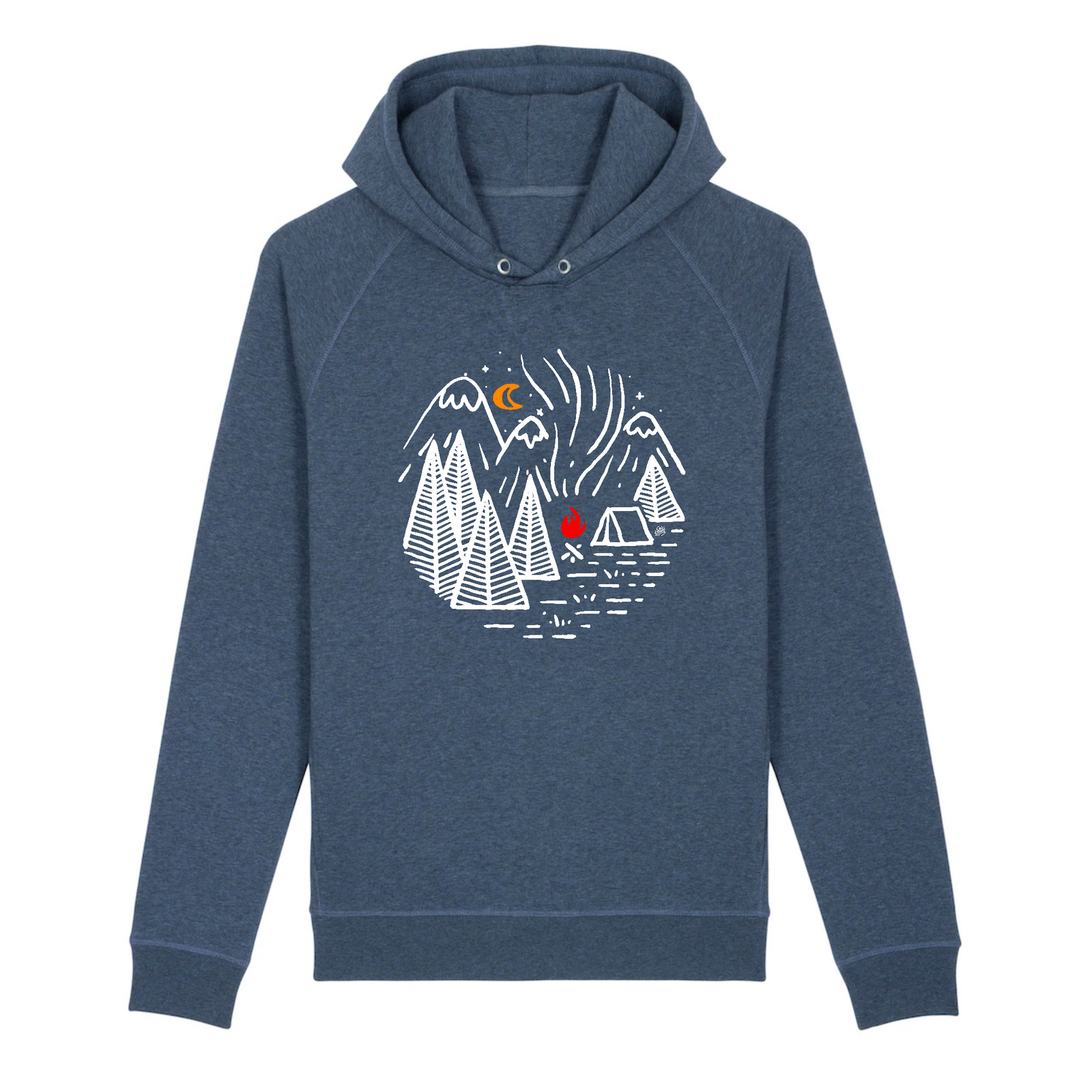 sweat a capuche bio bleu indigo avec un design blanc representant un camp scout dans la montagne