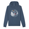 sweat a capuche bio bleu indigo avec un design blanc representant un camp scout dans la montagne