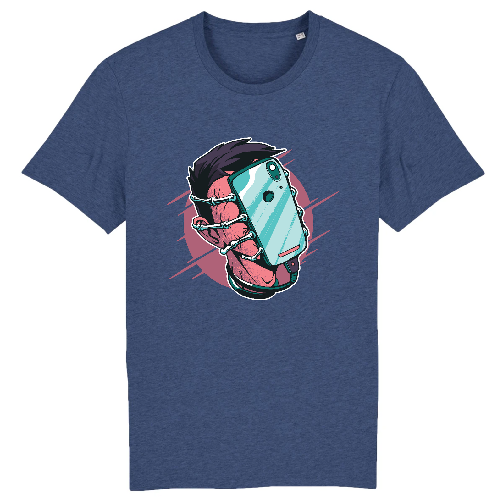 T-shirt geek original indigo en coton bio, design smartphone vissé sur le visage