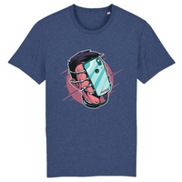 T-shirt geek original indigo en coton bio, design smartphone vissé sur le visage
