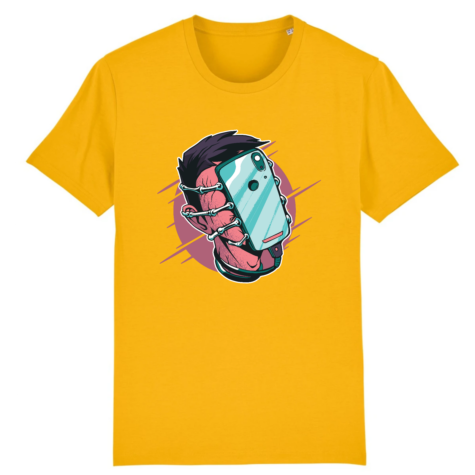 T-shirt geek original jaune en coton bio, design humour addiction au smartphone